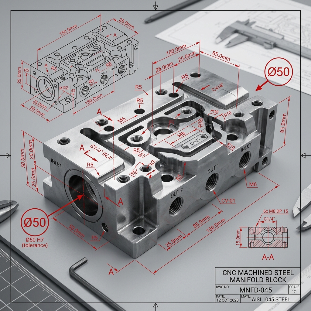 CNC Hassas İşlenmiş Blok Parçası CAD Çizimi